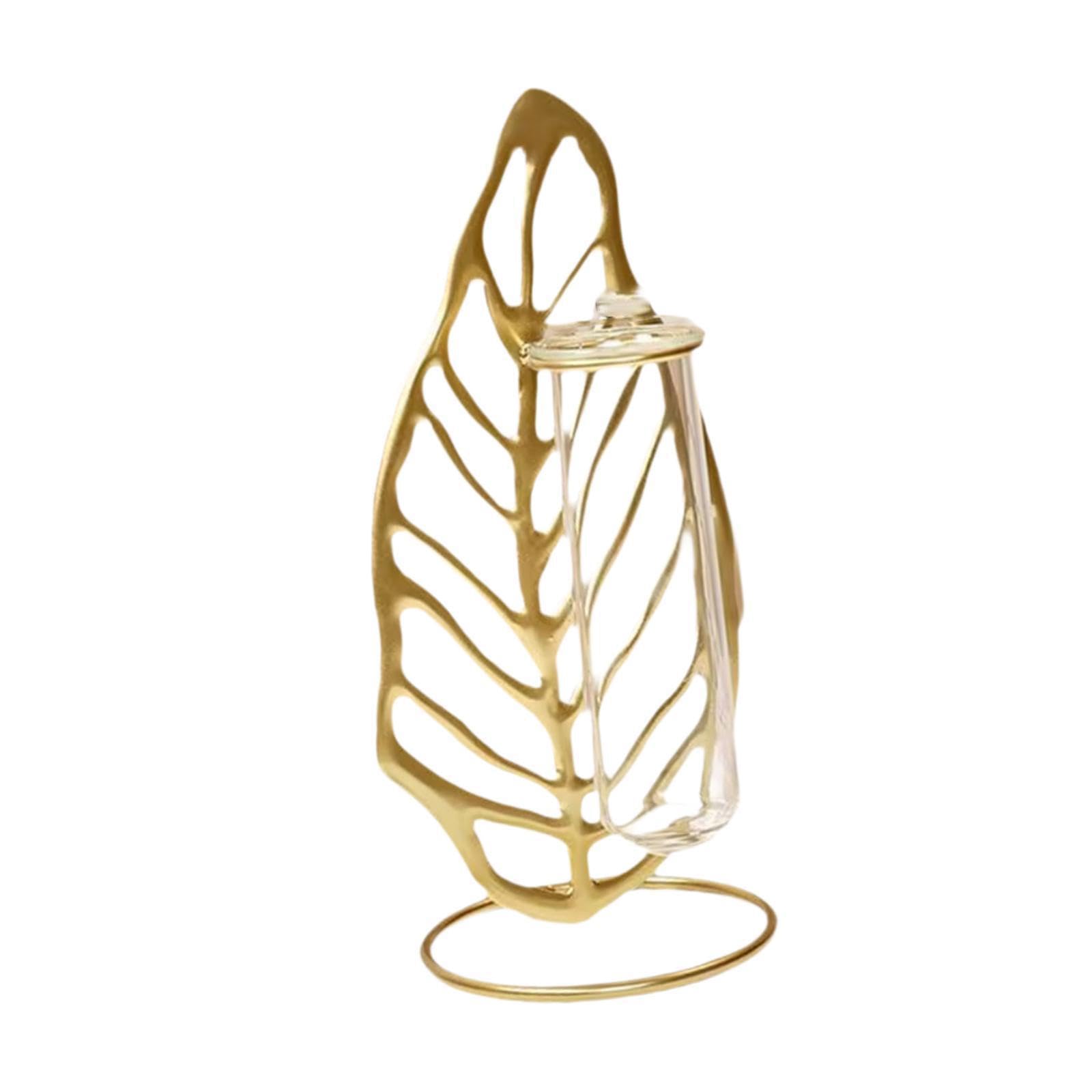 TWISAXC for Creative Hydroponic Test Tube Vase With Golden Leaves Artistic For Home Office Decor Stable And Sturdy Metal Frame