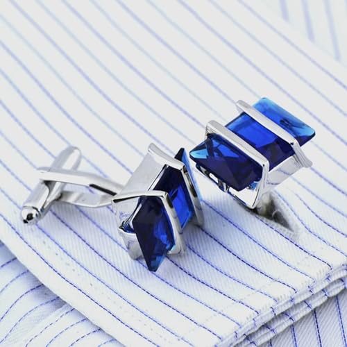 Gemelos para hombre rectangulares en azul y plateado con circonia cúbica para camisa formal 2