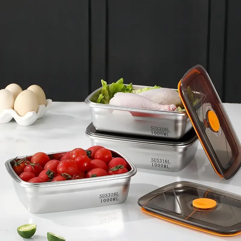 Image of SOLIGT Marve Fridge Storage Box 1000 Ml 316 Stainless Steel Food Storage Containers | Food Grade, Leakproof Kitchen Organizer | Freshness Locking, Microwavable & Freezer Safe, Silver With Lid 4 Pcs