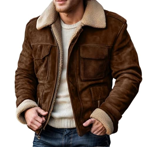 Mens Shearling Bomber B3 Coats Winter RAF Aviator Faux Leather Suede Jackets Vintage Sherpa Lined Fleece Overcoats