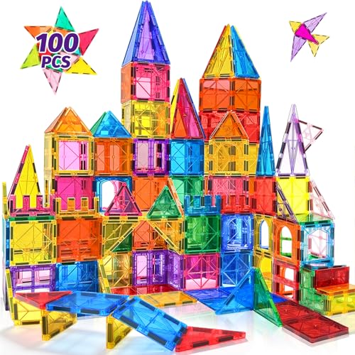 Product Image of the NVHH 100PCS Magnetic Tiles Blocks for Kids Ages 3-5 4-8,STEM Learning Educational Preschool Magnet Building Toys for Toddlers,Christmas Birthday Gifts Toys for 3 4 5 6 7 8+ Year Old Boys Girls