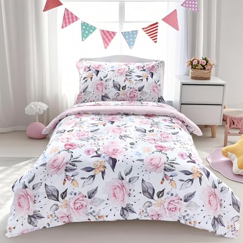 Toddler Bedding Set for Girls, 4 Piece Soft & Breathable Floral Crib Bedding Set, Bed-in-A-Bag Toddler Microfiber Sheet Set, Includes Comforter, Flat Sheet, Fitted Sheet, Pillowcase, Pink
