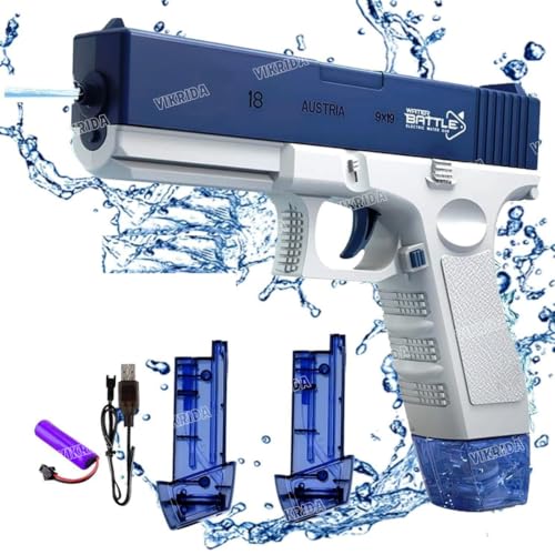 Image of VikriDA High Pressure Holi Pichkari Electric Water Gun Water Blaster, Automatic Squirt Gun with 300CC Capacity, 25-32ft Range & 2 Water Clips | Free Extra Battery | Blue