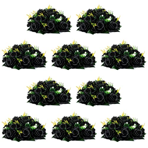 Image of NUPTIO Black Roses Artificial Flowers Pcs of 10 Fake Flower Bouquet Black Hydrangea Flowers Artificial, 15 Heads Fake Roses with Base, Real Looking Black Artificial Flowers (Black)