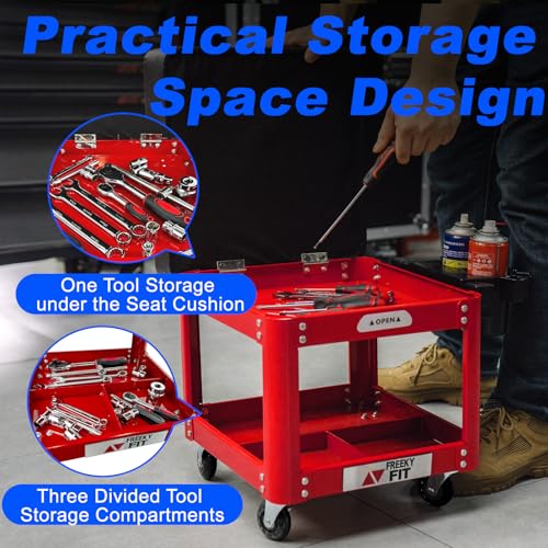 Image of Rolling Creeper Garage Shop Seat for Men, Padded Mechanics Stool with Tool Tray Storage for Garage, Rolling Workshop Stool with Wheels, Auto Creeper Seat, 330 LBS Capacity, Heavy Duty, Red