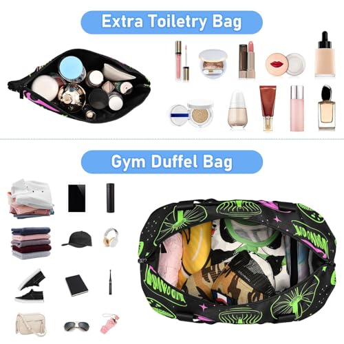 ALAZA Sports Duffel Bags with Toiletry Bag Set,Glowing Mushroom Travel Duffel Bags Multi Pockets Weekend Bag4