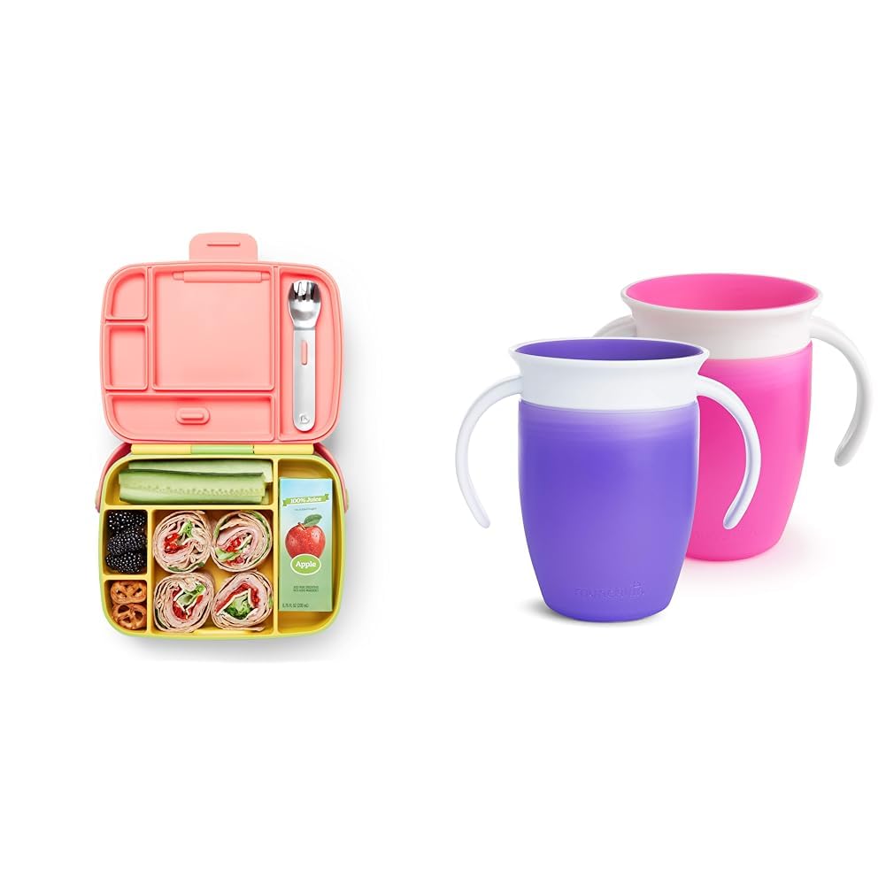 Munchkin Fiambrera Infantil, Fiambrera para Niños y Bebés, Lonchera con 5 Secciones Divididas & Vaso Aprendizaje, Set de Vasos 360° con Asas， Apto para Lavavajillas, Lote de 2 x 207 ml, Rosa/Morado