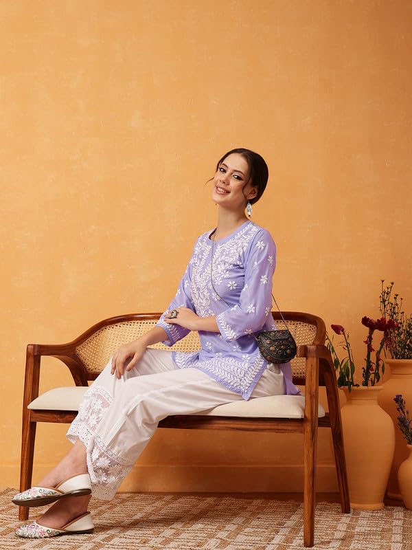 Image of Ada Women's Muslin Straight Fit Tunic Hand Embroidered Lucknowi Chikankari Straight Top Short Kurti A911420