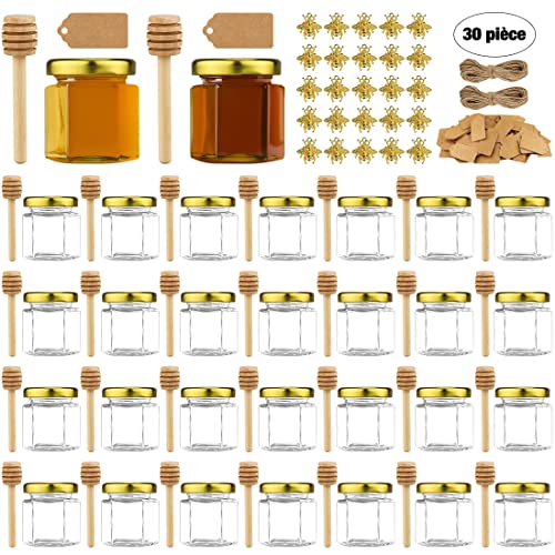 Lot de 30 Pots à Miel en Verre Hexagonaux 1.5oz Mini Bocaux Avec Louche en Bois Couvercle en or, Pendentifs D'abeille pour Cadeaux, Cadeaux de Mariage, Denrées Alimentaires, Miel, Confitures Cover