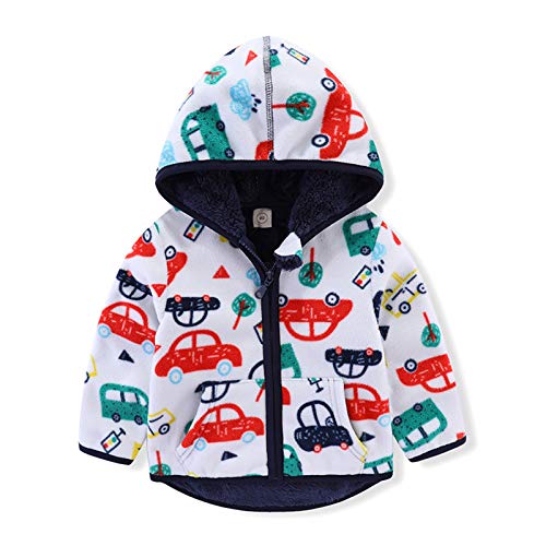 Toddler Polar Fleece Jacket Hooded Coat Zipper Autumn Winter Long Sleeve Thick Warm Outerwear for Baby Girls Boys Kids Hoodie Cardigan Sweater with Pockets Casual Clothes White Car 3T