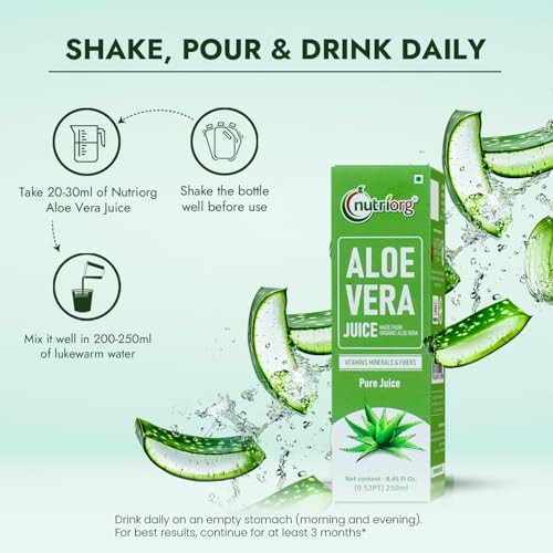 Image of NutriOrg Aloe Vera Juice (250mL) | Pure & Fibre Rich | No Added Sugar | Rich in Vitamin A, C & E | Recommended for healthy skin and hair