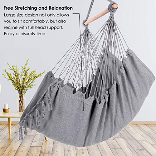 Y- STOP Hammock Chair Hanging Rope Swing-Max 330 Lbs-2 Cushions Included-Large Macrame Hanging Chair with Pocket- Quality Cotton Weave for Superior Comfort,Durability (Light Grey)