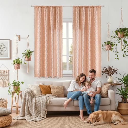 Image of Boho Curtains 63 Inch Long for Living Room, Bedroom, 2 Panels Floral Farmhouse Vintage Tassel Semi Sheer Light Filtering Privacy Window Curtain Drapes with Rod Pocket,Pink