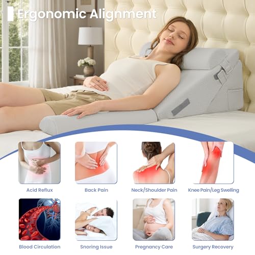 Sasttie Wedge Pillow Set for After Surgery, 4PCS Adjustable Bed Wedge Pillow Headboard with Memory Foam Neck Cushion – for Acid Reflux, Sleeping, Neck & Back Support, Light Grey