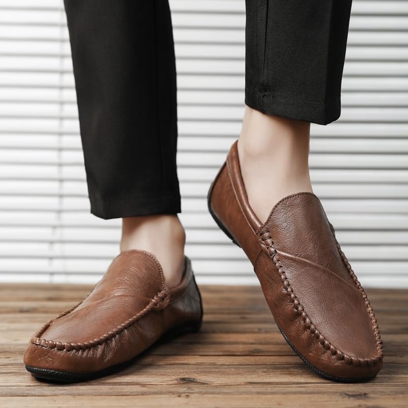 Mens Loafers Shoe Solid Color Round Toe Vegan Leather Stitching Details Loafer Shoes Flexible Lightweight Flat Heel Fashion Wedding Slip-ons4