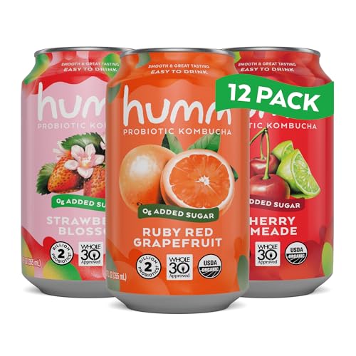 Humm Whole30 Approved Kombucha Variety Pack, Strawberry Blossom, Cherry Limeade, Ruby Red Grapefruit, Organic, Vegan & GMO Free (12 Pack)