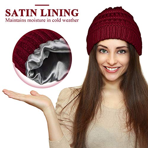 Image of Geyoga Winter Beanies Satin Lined Warm Thick Knitted Hats Slouchy Caps for Women