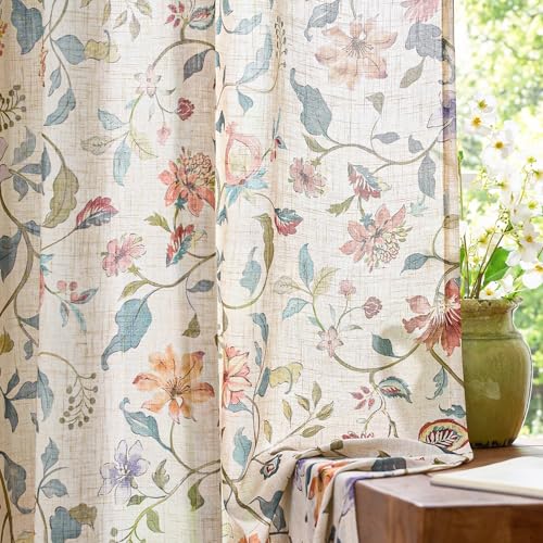 Image of jinchan Beige Floral Linen Curtains 90 Inch Cottage Core Back Tab 2 Panels | Vintage, farmhouse, light filtering, semi sheer, drapes, flower, living room, bedroom, privacy, rod pocket, window treatment