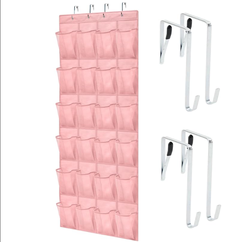 GORILLA GRIP Over the Door Shoe Organizer, 24 Large Breathable Mesh Pockets, Space Saving Hanging Storage Holder, Closet Rack Hanger Holds Up to 40 lbs, Hangs on Closets for Shoes, Accessories, Pink