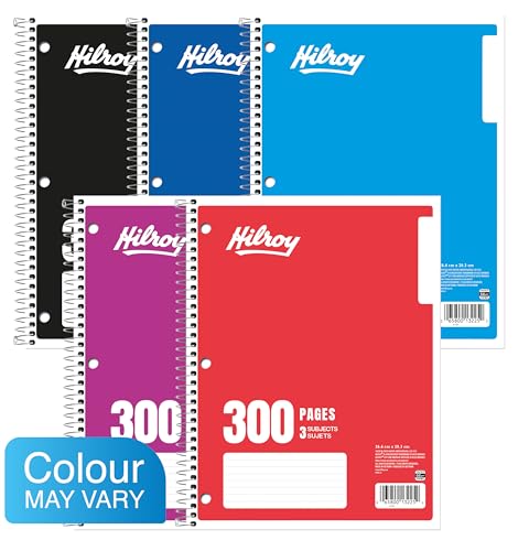 Hilroy 3-Subject Coil Notebook, 8" x 10.5", Wide Ruled, 3-Hole Punched, 300 Pages/150 Sheets, 1 Notebook, Colour May Vary (13225) image 4