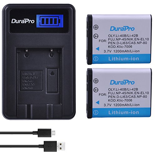 DuraPro 2Pcs 3.7V 1200mAh EN-EL10 Li-40B Li 40B 42B Battery + LCD USB Charger for Olympus Li-42B NP-45,for Nikon EN-EL10 D-Li63 D-Li108 NP-80 CNP80 KLIC-7006