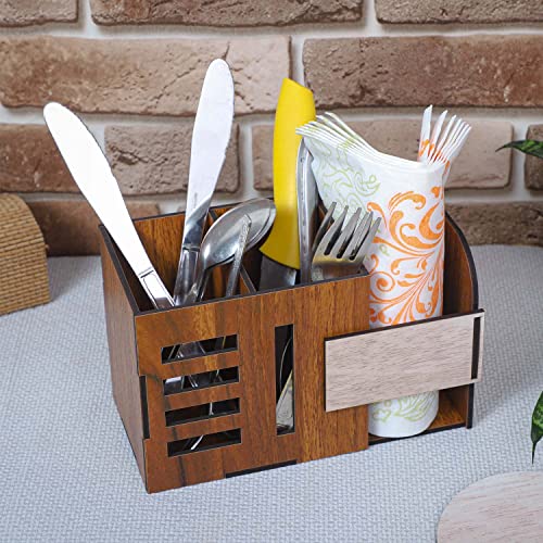 Image of Deskart Kitchen Cutlery Holder | Spoon, Fork, Knife And Paper Napkin Organizer Stand For Home & Kitchen, Resturant, Cafe Dining Table Wooden MDF Dining Table Organizer (Classic)