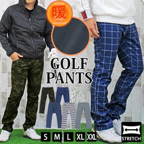 [TopIsm] [トップイズム]ゴルフパンツ メンズ 暖かパンツ 裏起毛 フリース ストレッチ チェックパンツ カモフラ 迷彩 ゴルフウェア チノパン ボトムス 秋冬 防寒 スポーツウェア 4-ネイビーウインドウペン XXL 4枚目
