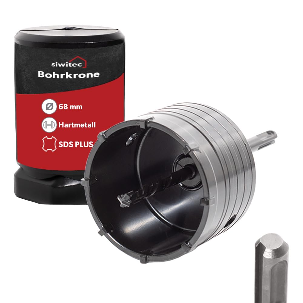 siwitec SDS Plus Hartmetall Bohrkrone 68mm mit Zentrierbohrer und Standard Bit, Steckdosenbohrer für Mauerwerke & Unterputz, Dosenbohrer für Unterputzdosen, Hohl-Bohrkrone für Beton, Stein und Ziegel