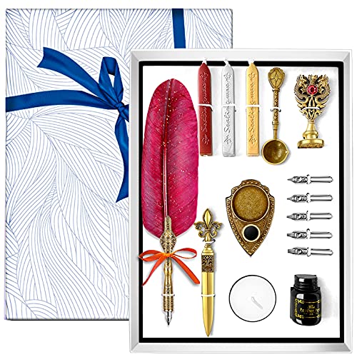 Quill Pen Ink Set-Quill Pen Set Includes Feather Dip Pen,Ink,5 Replacement Nibs,3 Wax Seal Sticks,Pen Nib Base,Seal Stamp, White Wax,Spoon,Envelope letter paper, Envelope Tool(Red)