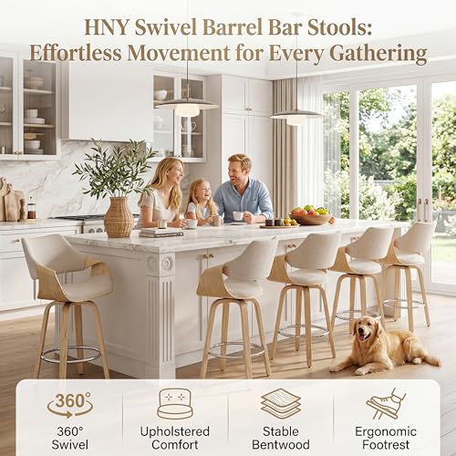 Image of 26'' Modern Barrel Swivel Counter Stools Counter Height Swivel Bar Stools with Backs Set of 2, Beige Chenille Upholstered Bar Height stools, Farmhouse Solid Wood Barstools for Kitchen Island, Home Bar