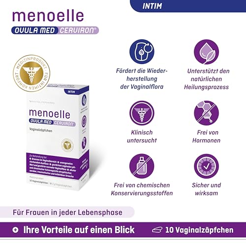 menoelle® OVULA med CERVIRON: Vaginalzäpfchen bei bakterieller Infektion & Pilz. Entzündung u. Scheidentrockenheit. Lindert Ausfluss, Brennen, Juckreiz, Geruch & Schmerzen beim Wasserlassen. 10 Stück.