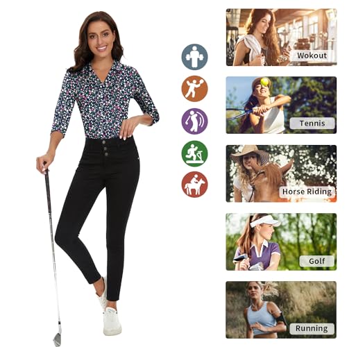Image of Soneven Womens Golf Polo Shirts 3 /4 Long Sleeve V Neck Button Down Shirts Business Causal Work Blouses Tops