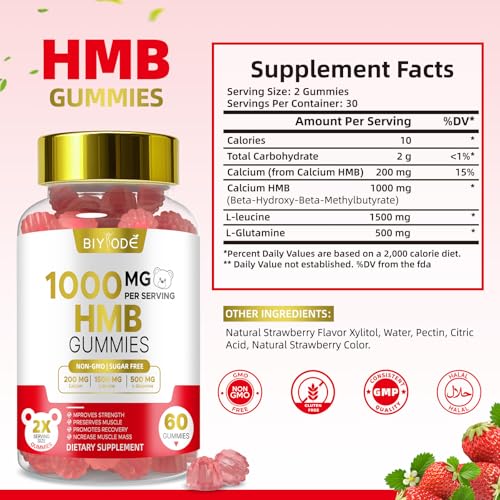 HMB Gummies for Men and Women: 1000mg Muscle and Bone Support with 1500mg HMB and 500mg L-Leucine Sugar Free Non-GMO 60