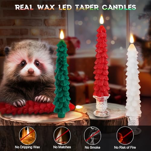 Image of PChero Christmas Tree Candles with Remote Timer, 3 Pack, 9.7 Inches | Real Wax, Flameless, Battery Operated, Window Candles, Taper Candle Sticks, for Xmas Fireplace Holiday Party Home Room Decor