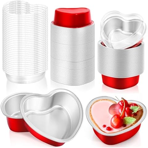 Modacraft 60 Pack Heart Shaped Cake Pans with Lids, 3.4oz Disposable Aluminum Foil Mini Cake Pans Cupcake Pans Flan Pan Dessert Baking Cup for Weddings Valentine Mother's Day Birthday Party Xmas Cover