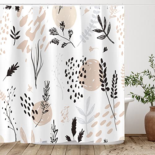 Tititex Abstract Botanical Brown Floral Shower Curtain Sets 70 X 70 Inch, Black Beige Leaves Branches Plants Colorful Bathroom Decoration Waterproof Fabric with 12 Hooks