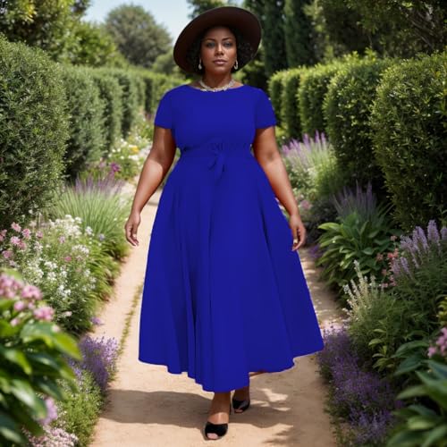 Image of Hostoyo Women Plus Size Formal A Line Maxi Dress Self Tie Waist with Pockets Elegant Round Neck Swing Long Dresses