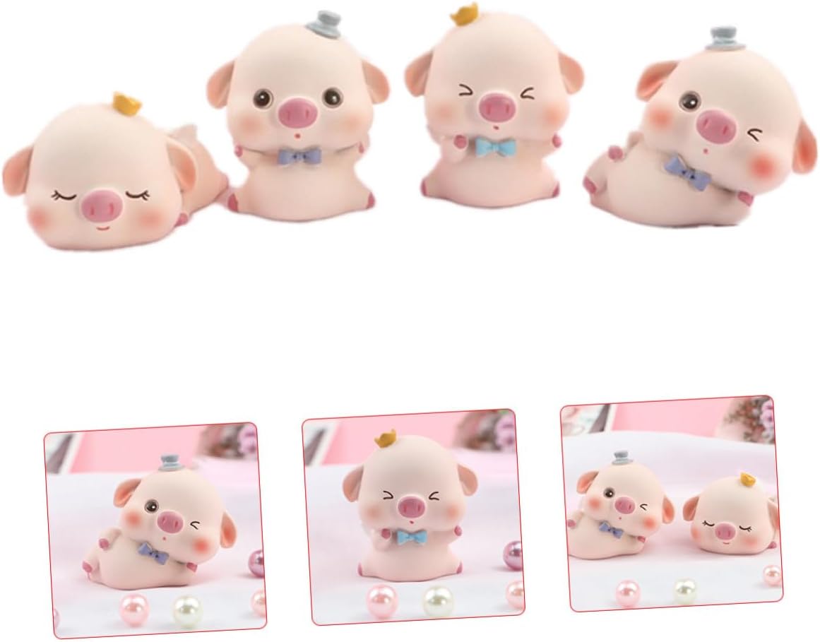 4pcs Cute Pig Cake Ornaments Resin Miniature Animal Figurines Cartoon Piggy Decor for Birthday Party Home Office Desk Decorations