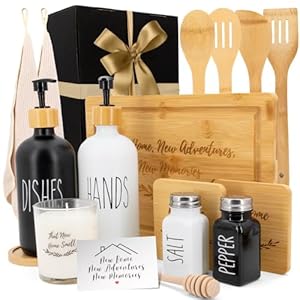 Happy Banana House Warming Gifts New Home – Home Essentials for New Home Gift Set Includes Scented Candle, Bamboo Cutting Board, Soap Set, Towels, Salt and Pepper Shaker – Luxury New House Must Haves
