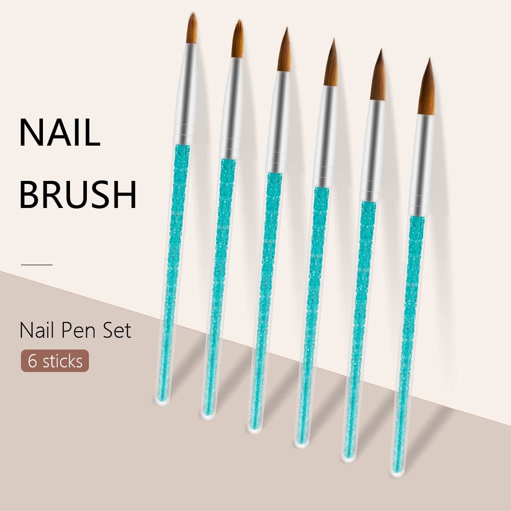 N/A 6 Pz/set Spazzola per Unghie in Nylon per Capelli Manico in Strass Blu Kolinsky Pennello in Acrilico Penna per Gel per Unghie Costruttore Intaglio Punteggiatura Disegno WolFums