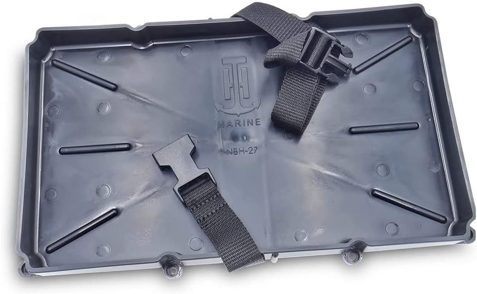 T-H Marine Narrow Battery Tray Holder with Poly Strap – Space Saving NMMA Certified Battery Tray with Recessed Mounting Wells for Marine, RV, and Trolling Motor Installations – Group 27, 12.5" x 7"