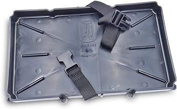 T-H Marine Narrow Battery Tray Holder with Poly Strap - Heavy Duty Space Saving Design and Recessed Mounting Wells Fit Group 27 Batteries - Boat and RV