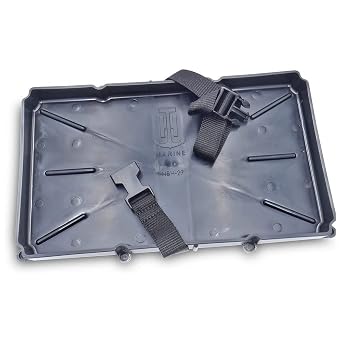 T-H Marine Narrow Battery Tray Holder with Poly Strap Space Saving NMMA Certified Battery Tray with Recessed Mounting Wells for Marine, RV, and Trolling Motor Installations Group 27, 12.5" x 7"