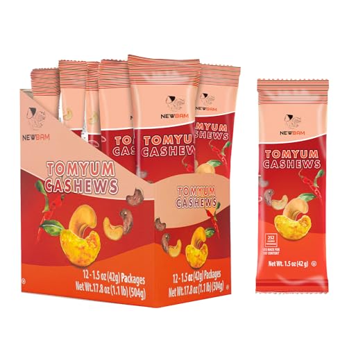 Image of NEWBAM Tom Yum Cashews - 12 Individual Packs (1.5oz) - Keto-Friendly | 7g net carbs, 6g protein. Vegan. Real Thai spice blend from Binh Phuoc, Vietnam.
