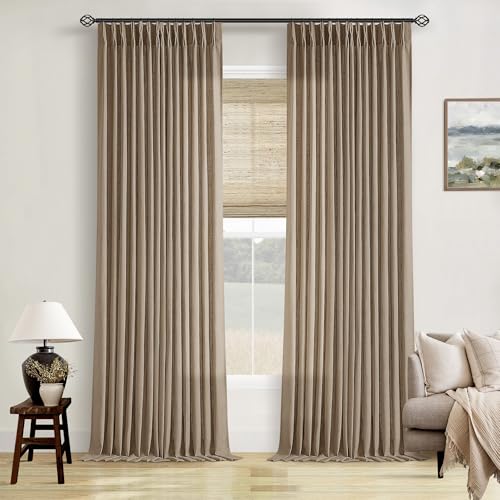 Image of 100 Inch Linen Light Brown Pleated Curtains 2 Panels Set for Living Room Bedroom Farmhouse Linen Blend Back Tab Memory Shape Trained Pinch Pleat Window Curtain Latte 100 Inch Length for Office Home