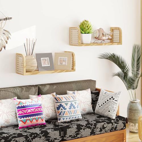 2er Set Rattanregal – Boho Wandregal & Boho Deko, Natürliches Hängeregal für Kinderzimmer, Wohnzimmer & Schlafzimmer, Aufbewahrung für Bücher & Spielzeuge in Natürlicher Holzfarbe – Bild 4