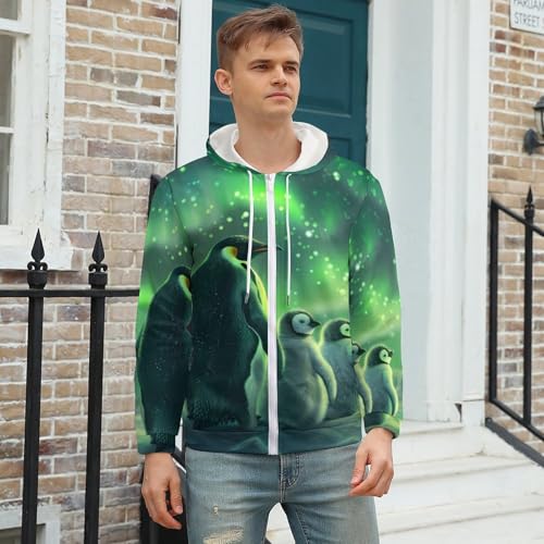 Green Aurora Borealis Penguin Men's Zip Up Hoodie Lightweight Soft Hooded Sweatshirts Casual Jacket Coat3