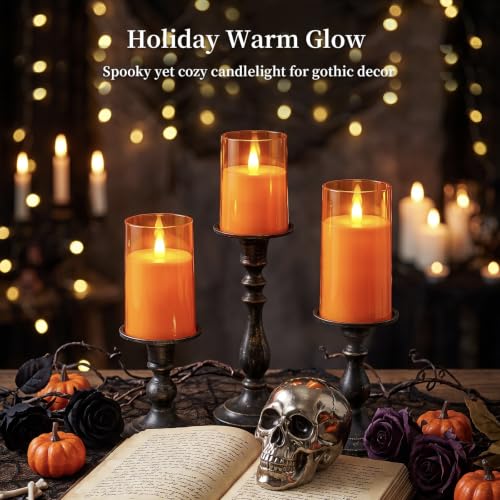 Image of Homemory Orange Flameless Candles Realistic Flickering with Remote for Fall | Halloween Candles Battery Operated with Timer, LED Fake Electric Pillar Candles for Home, Holiday Decor, Set of 3
