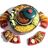 SugarWhisk Lazy Susan Taco Bar & Condiment Containers with Lids, 4 Taco Holders for Taco Tuesday Kit, Fondue Pot for Taco Bell Sauce, Burritos, Nachos, and Fajitas, Red