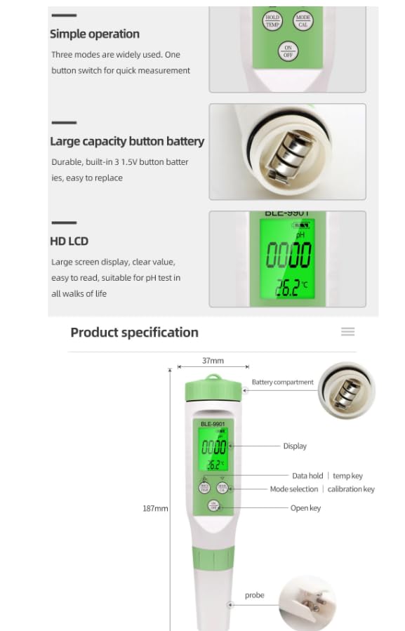 3-in-1 BLE-9901 Digitales pH-Messgerät, Ph/Temp/TDS, Wassertest-Werkzeug mit Hintergrundbeleuchtung